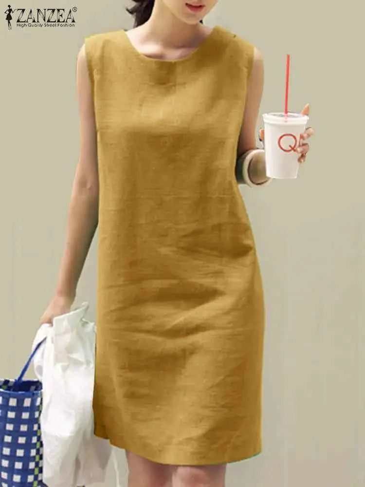 2024 Summer Dress ZANZEA Fashion Sleeveless Beach Vestidos Office Work Sundress Women Elegant Solid Color Dresses Robe Femme