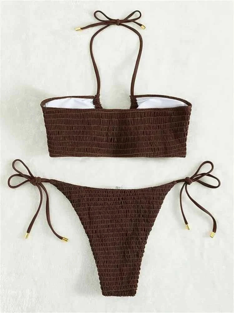 Sexy Triangle Bikini 2024 Women Red Black Ribbed Push Up Micro Swimsuit Cut Out Metal Designer Bathing Suit Knot Thong Swimwear