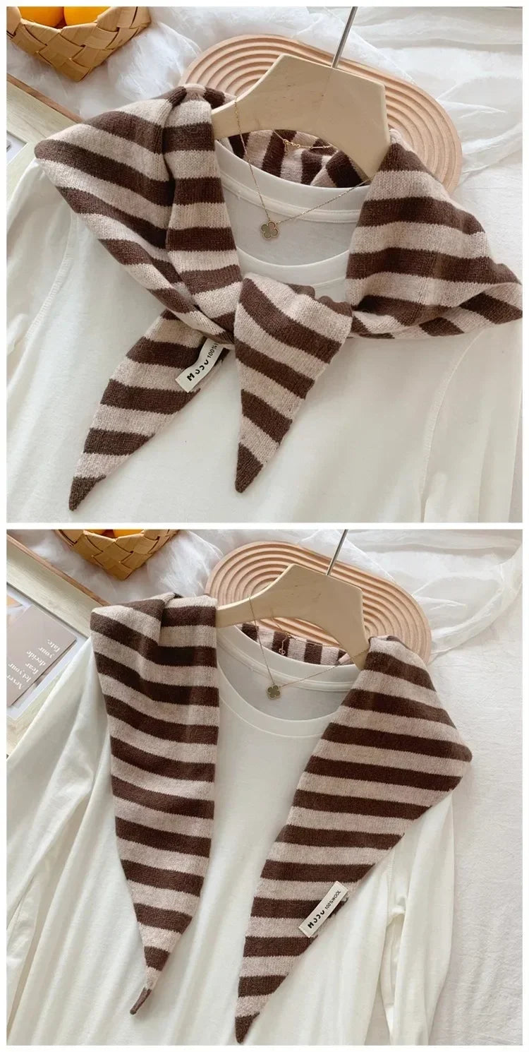 Korean Stripe Triangle Scarf 100% Wool Triangular Scarf Men Women British Niche Headscarf Knitted  Multi-functional Warm Scarf
