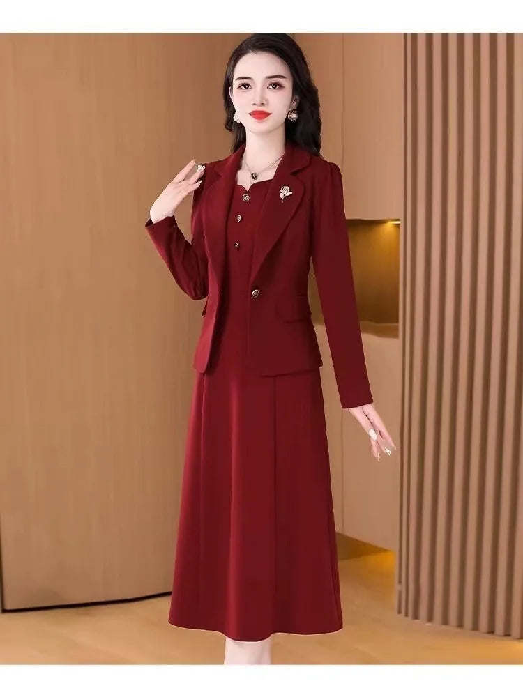 Fashionable Red Two-Piece Set Korean Japanese Style Women's Dress Suit Autumn Spring Lightweight Polyester Commute Style