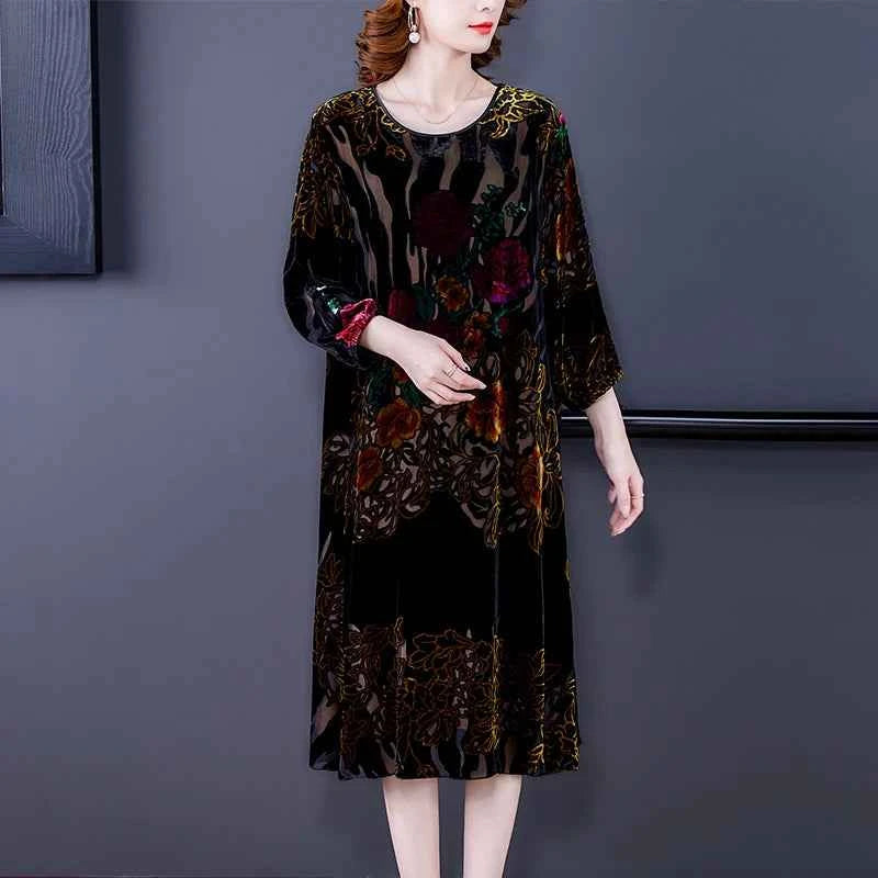 Large Size Gold Velvet Dress Women's Autumn New High-End Mulberry Silk Burnt Flower Dress Luxurious Temperament Vestidos