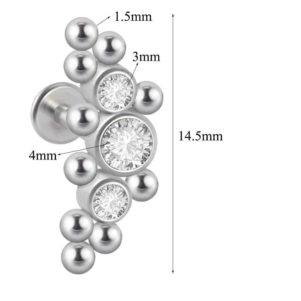 1PC Surgical Steel  Silver Color Labret Flat Base Ear Studs Crystal Cluster Helix Tragus Cartilage Piercing Jewelry 16G
