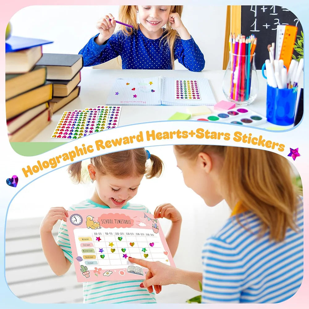 Kids Reward Sticker Stars Flowers Hearts Dots Sparkly Holographic Stickers Behavior Chart School Student Supplies DIY Decoration