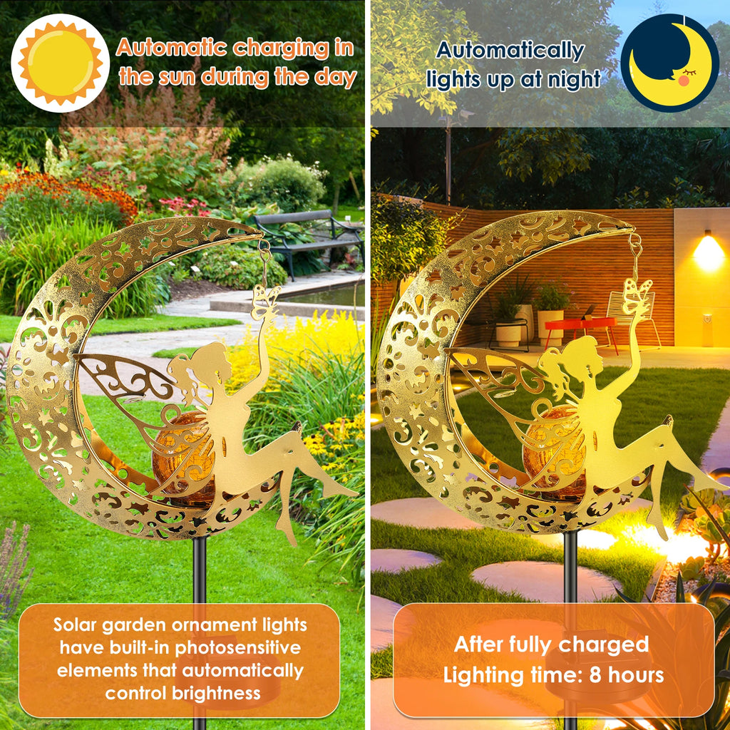 Solar Garden Lights Moon Fairy Crackle Glass Stake Lights Waterproof Warm White LED Metal Decorative Lights Outdoor Pathway