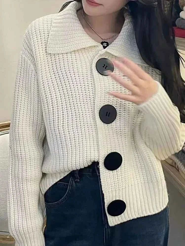 Temperament Fashion Sping Autumn New Sweaters Coats New Women Solid Lapel Button Korean Casual Long Sleeve Cardigan Knitted Tops