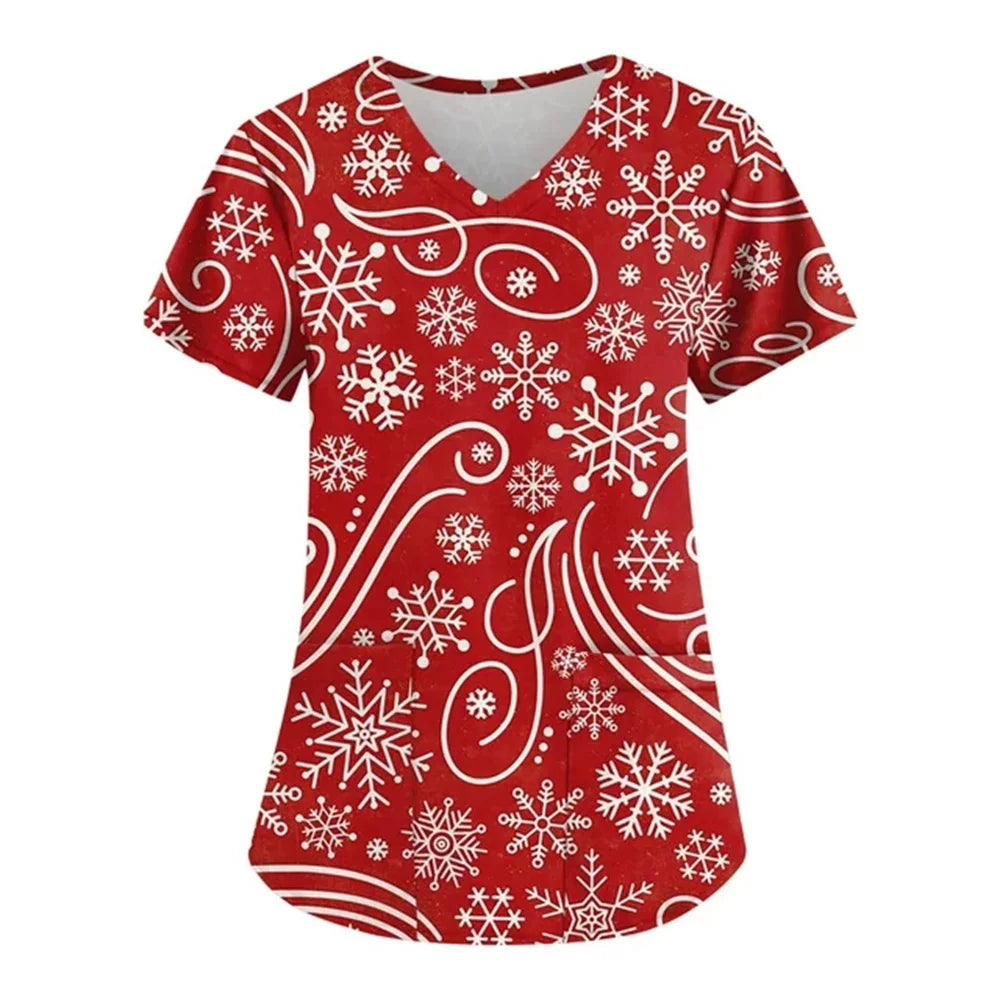 Womens Christmas Nurse T Shirt Print Short Sleeve V Neck Workwear With Pocket Working Nurse Work Wear Overalls Medical Uniforms