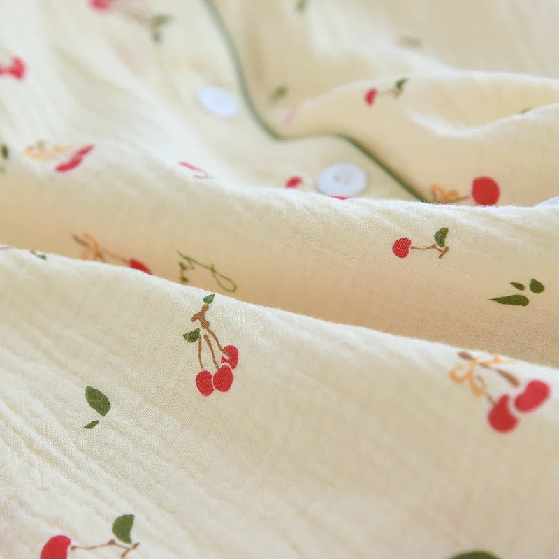 2024 New Summer Autumn Women Pajamas 100% Cotton Gauze Cherry Print Sleepwear Female 2 Piece Set Nightwear Pyjamas Loungewear