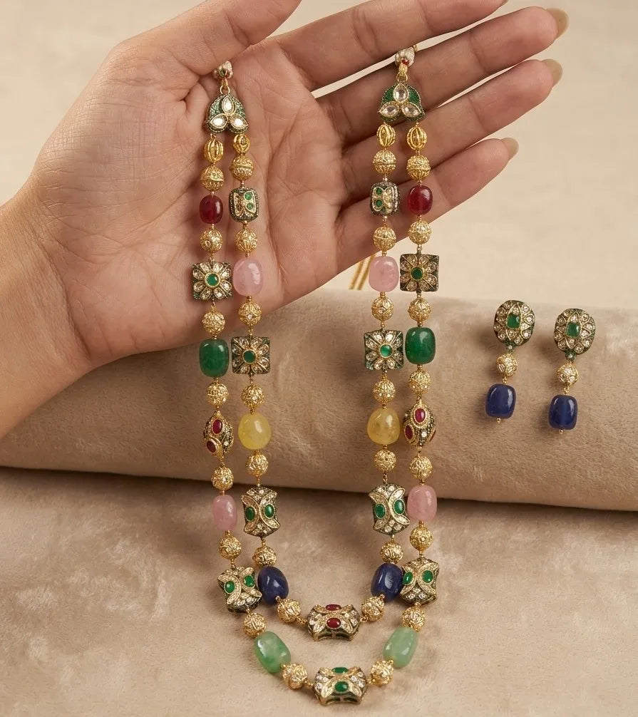 Luxury Multicolor Gemstone Long Necklace Earrings Bracelet Set Gold Plated Kundan Polki Beaded Statement Wedding Jewelry for