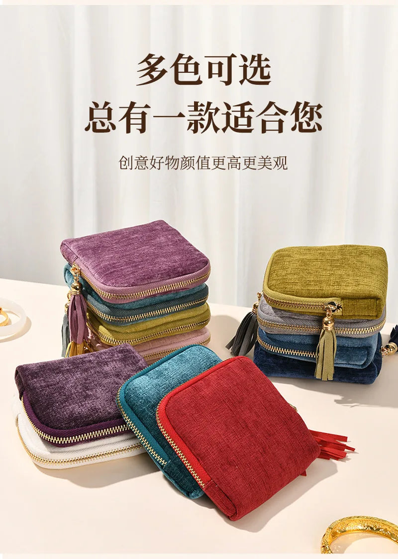 Tassel Jewelry Organizer Bag Portable Travel Case with Metal Zipper for Bracelets Jade Bangles Necklaces Rings Storage Pouch