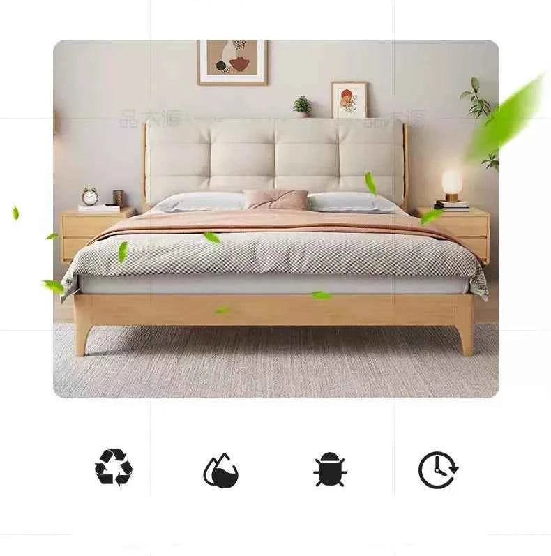 Home Furniture Bedroom Heavy Duty Wood Platform Dormitory Bed with Wood Headboard, Modern Double Bed Frame