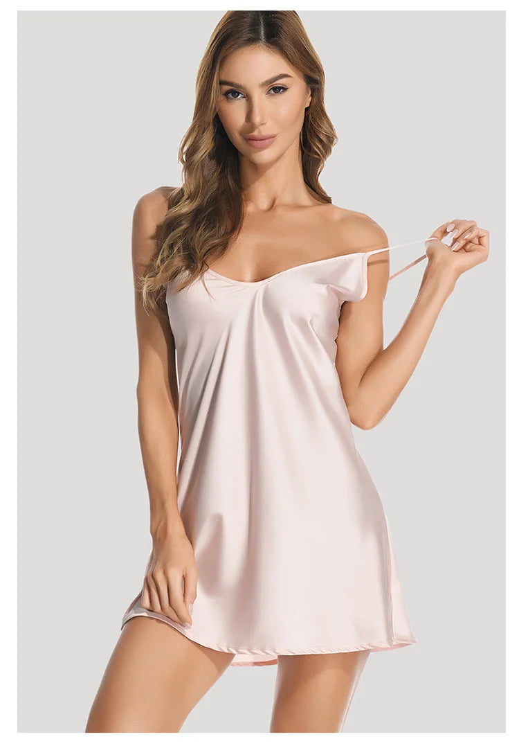 Meet'r Women Summer Sleepwear Sexy Deep V Imitation Silk Nightdress Solid Color Sling Ice Silk Home Clothes Satin Nightgown