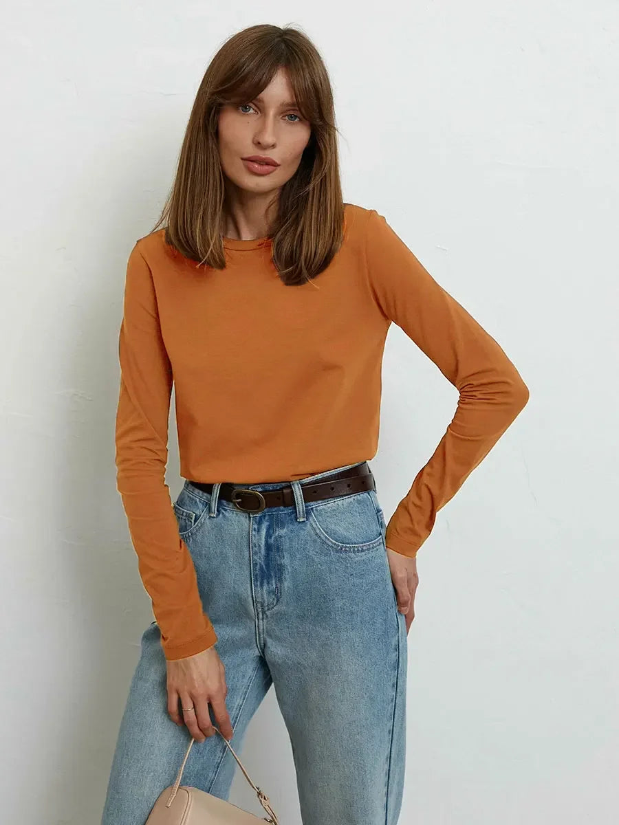 Wolfeel Women's Spring Autumn 100% Cotton T-shirt Bottoming Basic Solid Lady Long Sleeve Loose Tops Shirts Oversized T Shirt