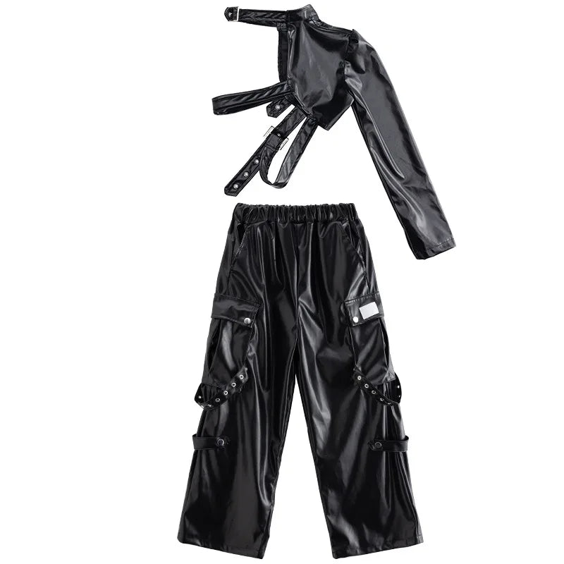 Kid Hip Hop Clothing T Shirt Crop Top Wine Red Arm Sleeve Faux Leather Casual Cargo Pants for Girl Jazz Dance Costumes Clothes