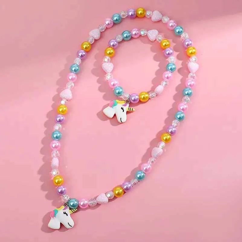 2pcs Colorful Cartoon Unicorn Flower Animal Child Sweater Necklace Bracelet Girl's Gifts Children's Jewelry Kids Toys