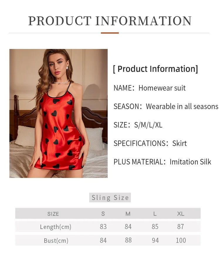 Heart Print Slip Nightdress Casual Crew Neck Criss Cross Back Sleepwear Women's Dresses