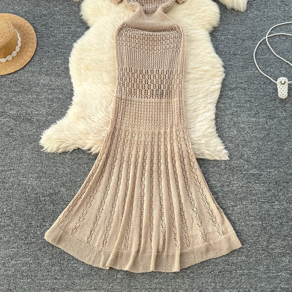 Women Hollow Knitted Dress Summer Flower Short Sleeved Fishtail Bodycon Dress with Camisole Dresses Vintage Party Long Robe