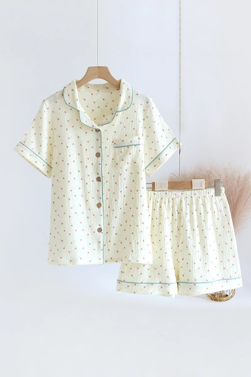 2025 Summer Women Pajamas Cute Tulip  Printing Sleepwear 100% Cotton Gauze Female 2 Piece Set  Nightwear Pyjamas Loungewear