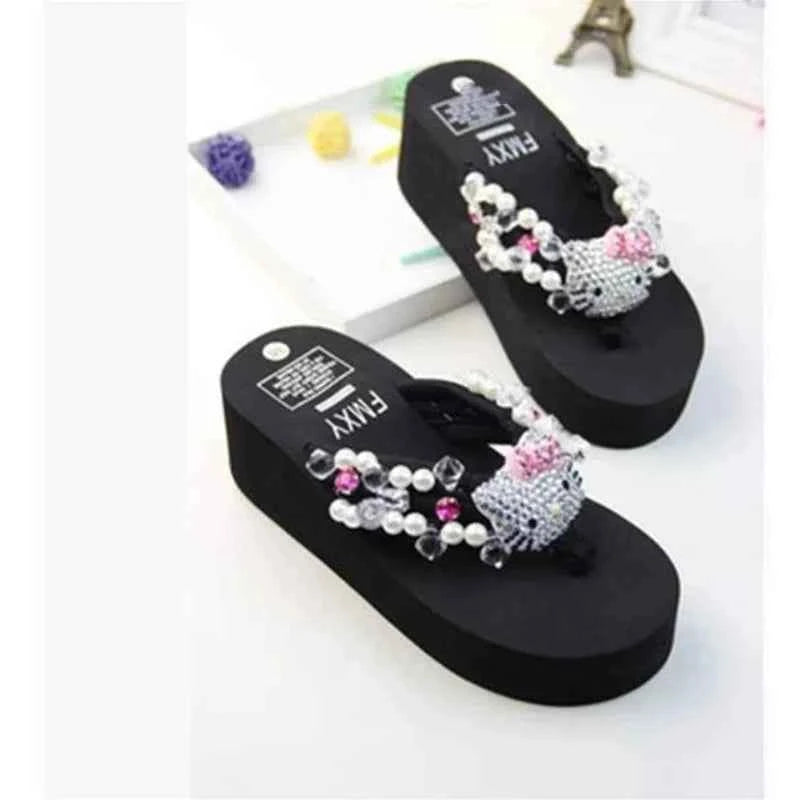 Hello Kitty Kawaii Soft Flip Flop Sandals Y2k Beach Slides Shoes Women Casual Wedge High Heels Platform For Slippers Ladies Gift