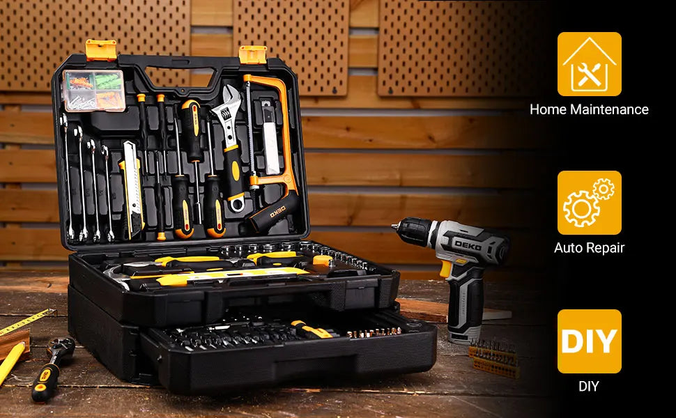DEKO Home Mechanic Toolbox with 12V Power Cordless Drill Hand Repair Tools Sets Combo Kits Storage Organizer Drawer Case