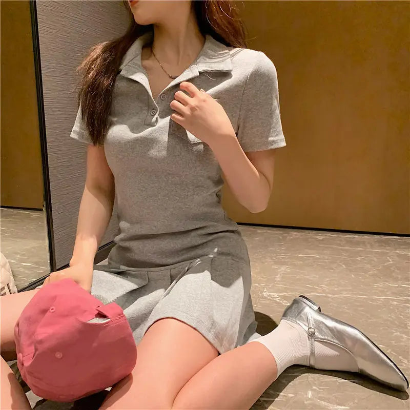Pleated Dresses Women Sporty Minimalist Summer Female Turn-down Collar New Korean Style Casual Hotsweet Empire Fashion Harajuku