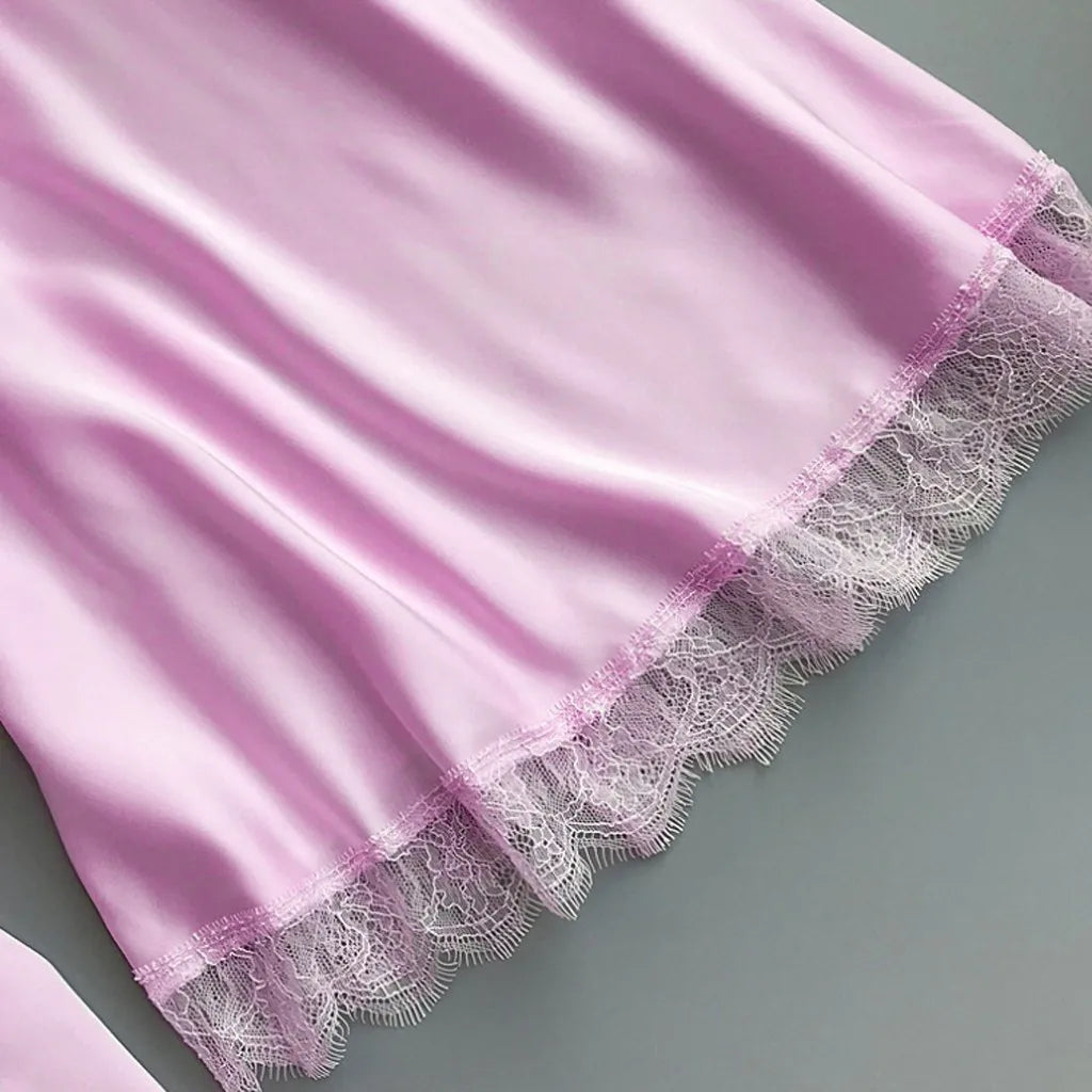 2pcs Women Pajamas Suit Silky Satin Nightgown Nightdress Set Lace Patchwork Lace-Up Women Bathrobe Sleepwear Set