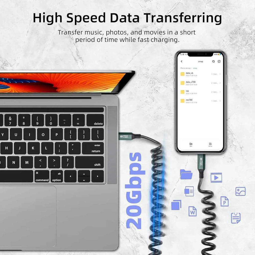 USB C Male to USB C Male Coiled Cable,Type-C 100W Fast Charging and 20Gbps Data Transfer and 8K HD Projection Spring Cable Compa