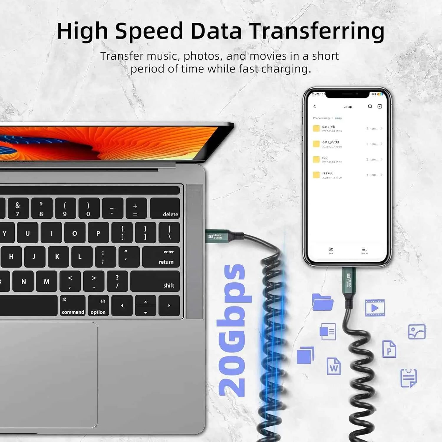 USB C Male to USB C Male Coiled Cable,Type-C 100W Fast Charging and 20Gbps Data Transfer and 8K HD Projection Spring Cable Compa