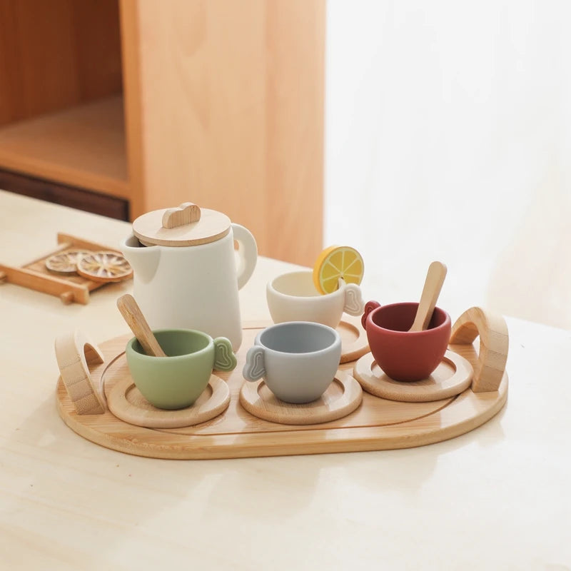 Baby Play Set 9pc Afternoon Tea Set Children's Play House Toy Afternoon Tea Set Pot Food Grade Silicone Toys for Girl Gifts