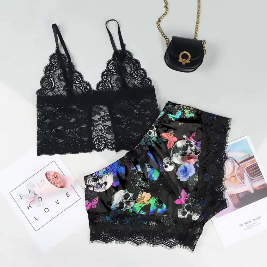 Halloween Skeleton Print Pajamas Sets Women Lace Sexy Satin Sleepwear V Neck Sleeveless Lingerie Shorts Nightwear Homewear 2pcs