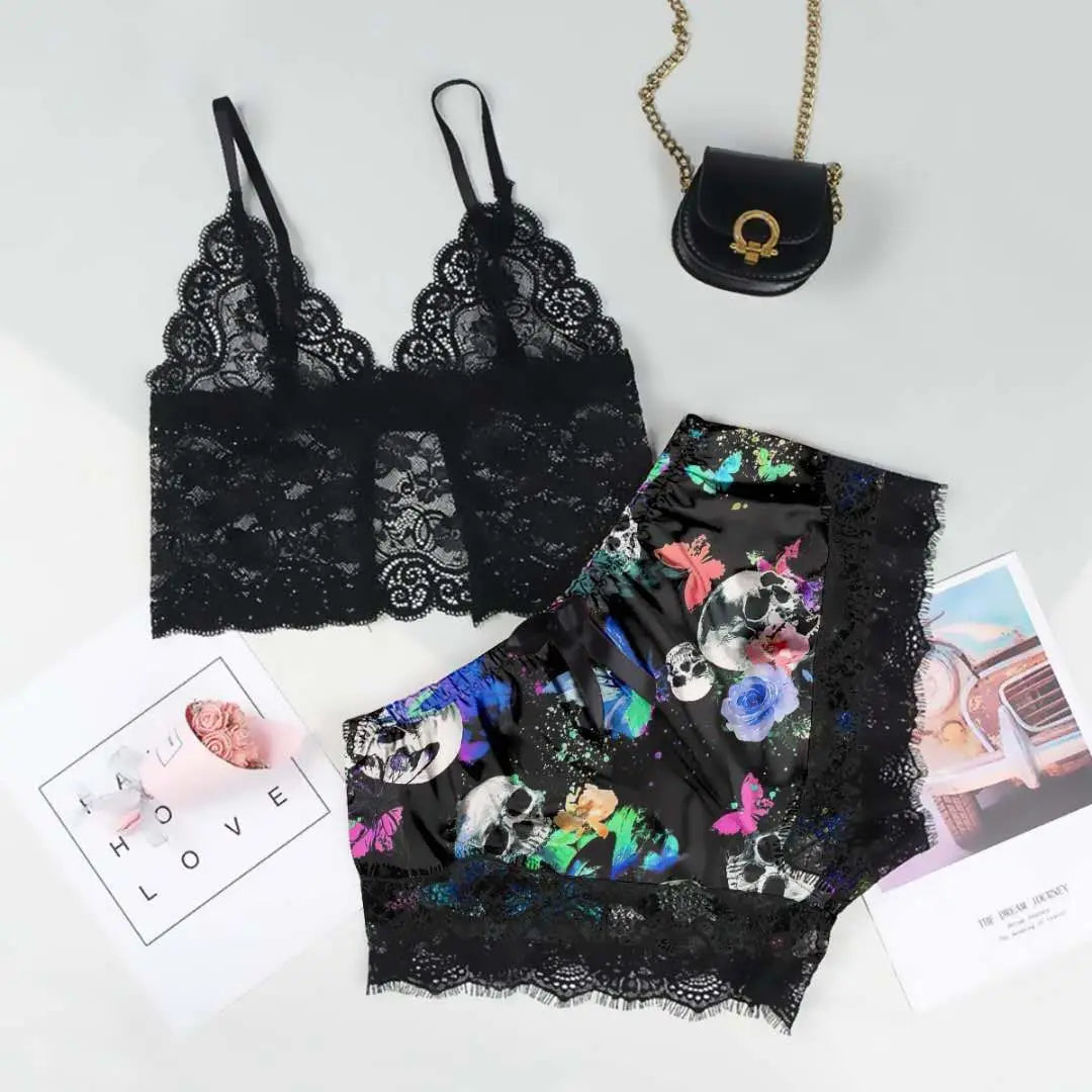 Halloween Skeleton Print Pajamas Sets Women Lace Sexy Satin Sleepwear V Neck Sleeveless Lingerie Shorts Nightwear Homewear 2pcs