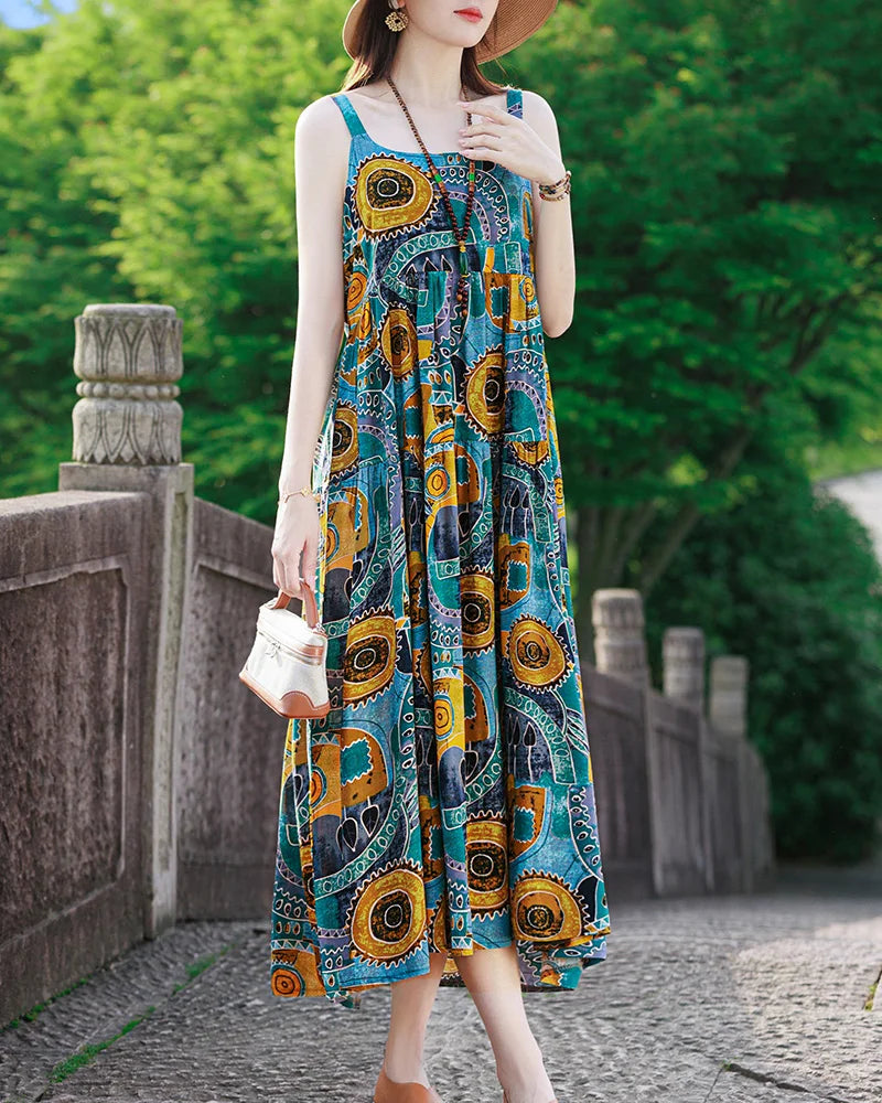 New Fashion Casual 2025 Summer Elegant Dresses For Women O-Neck Print Vintage Sleeveless Dress Loose Women Clothing