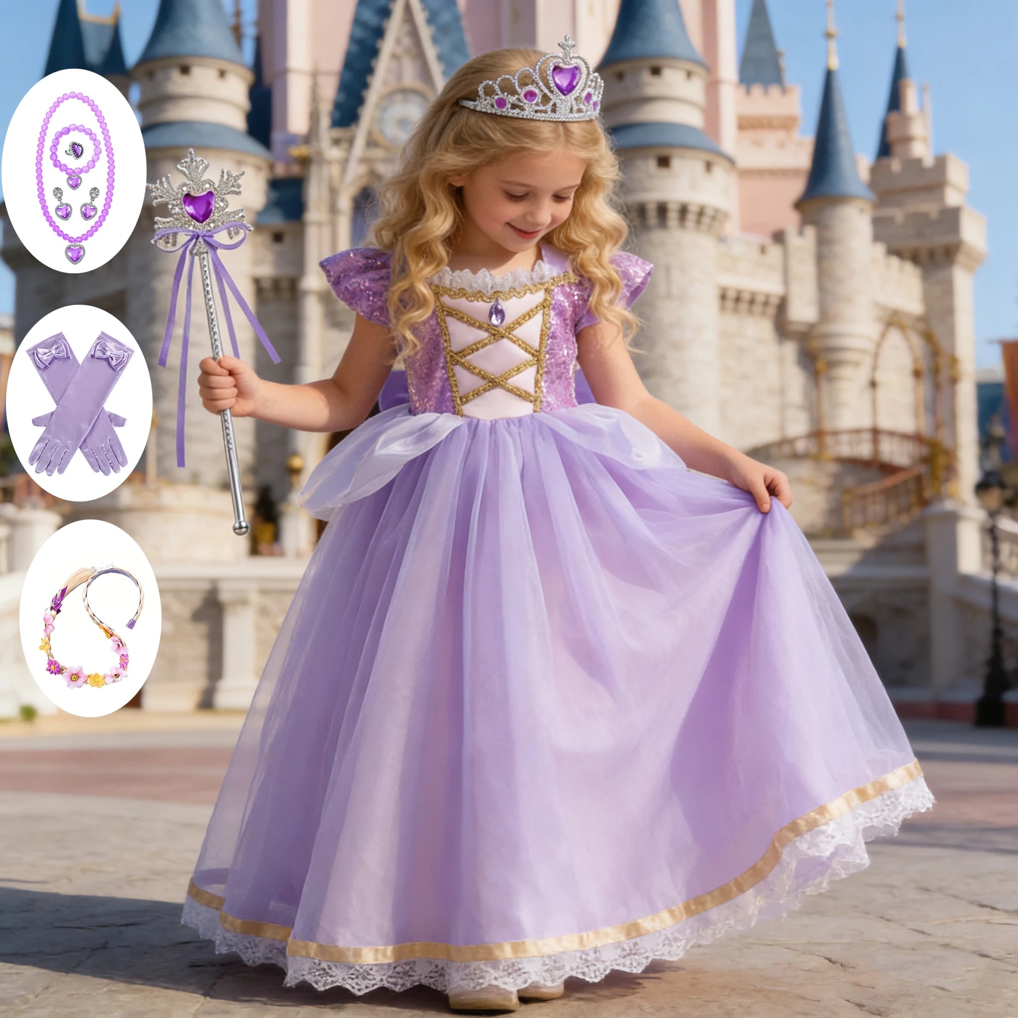 Baby Girls Deluxe Elegant Rapunzal Princess Dress Cosplay Costume Kids Halloween Birthday Party Vestido Purple Puffy Dresses