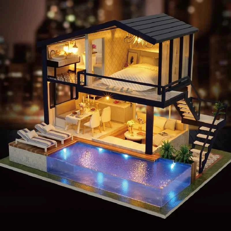 DIY Wooden Dollhouse Mini Building Kit Handmade Doll House Case Model 3D Puzzle Assembly With Furniture Toys For Christmas Gifts