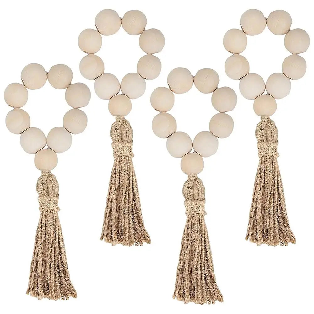 1/12PCS Wood Bead Napkin Rings Garland With Tassels Farmhouse Beads Rustic Country Table Napkin Holder Weddings Home Boho Decor