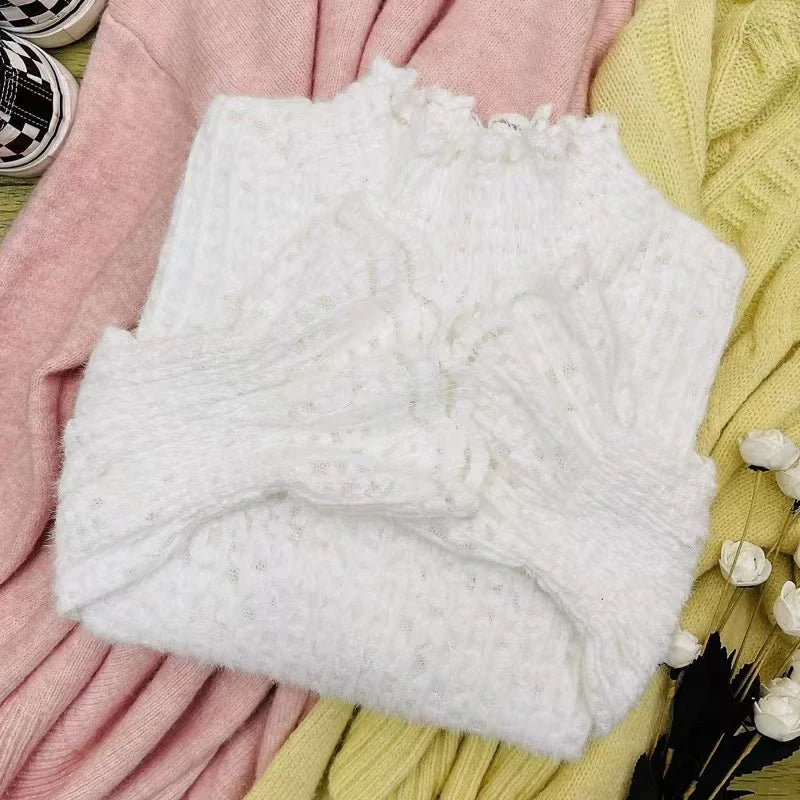 Lace Half Turtleneck Knitted Sweater Women Fall Winter Thick Warm Long Sleeve Pullover Korean Chic Slim Hollow Out Jumper New