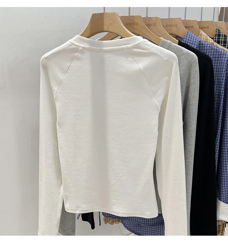 2026 Women's Basic Style Slim Fit V-Neck Long Sleeve T-Shirt Korean Style Versatile Simple Base Layer Top Casual Tee for Women