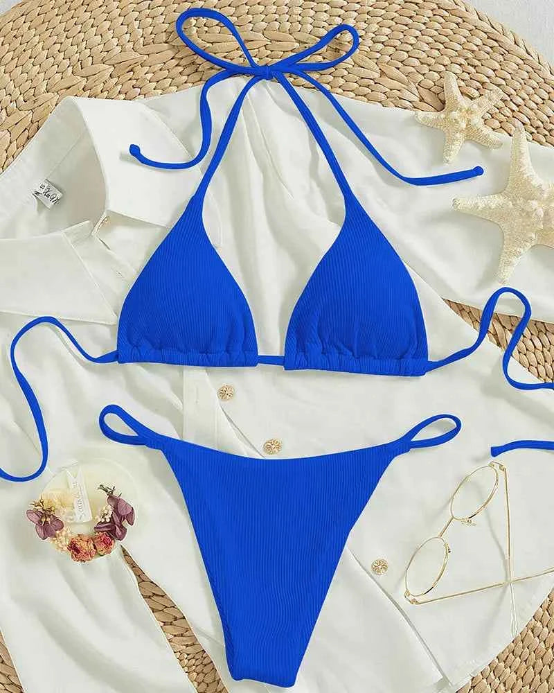2025 Special Pit Stripe Fabric Bikini Set Women Sexy Simple Solid Halter Bikini Swimsuit High Waisted Lace Up Beach Bathing Suit