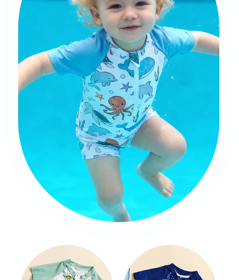 Happyflute Kids Short Sleeve One-Piece Swimsuit Quick Dry Toddler Summer Rash Guard with Shorts ，Sun Protection Suit
