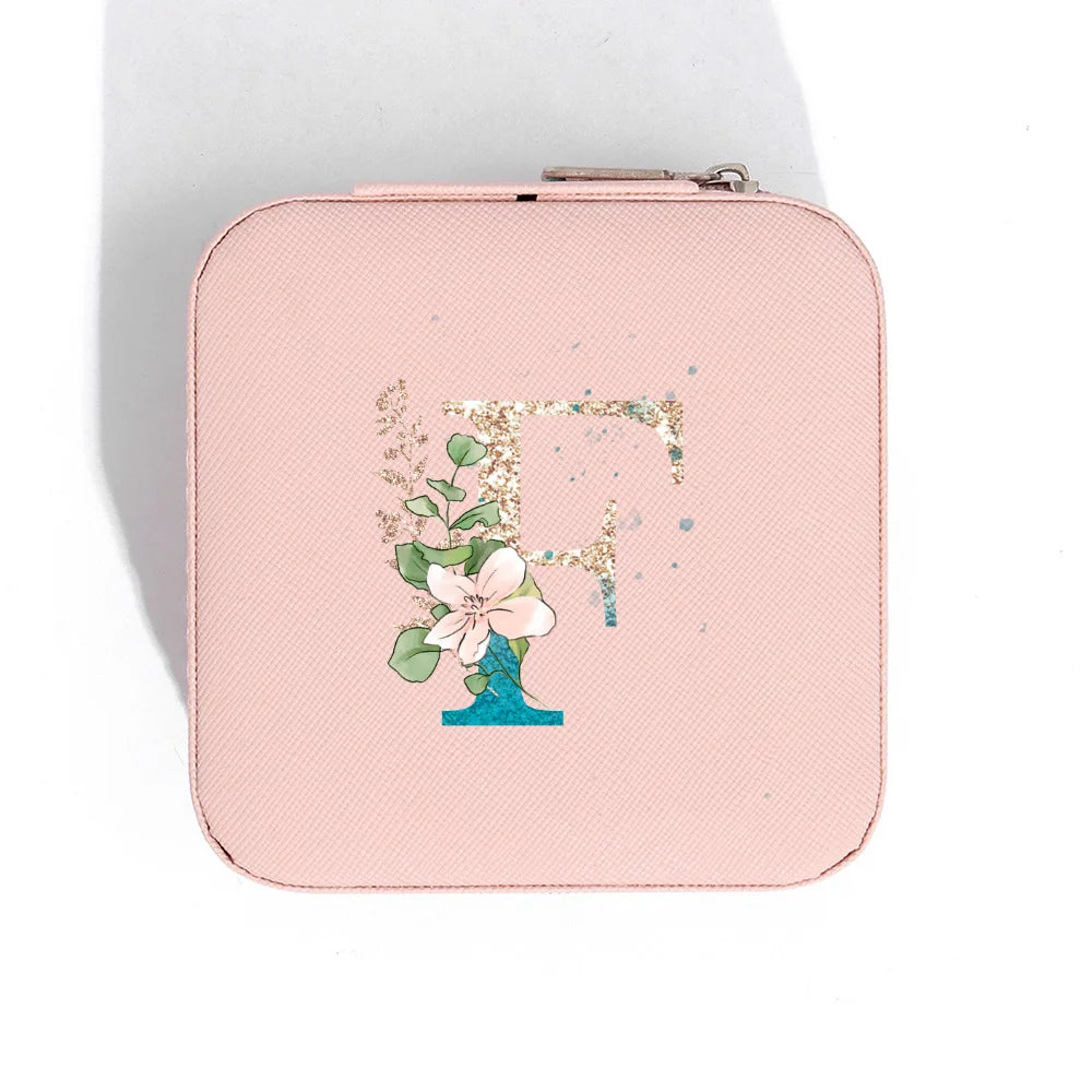 A-Z Alphabet Print Pink Travel Jewelry Organizer with Zipper Closure and Fabric Lining