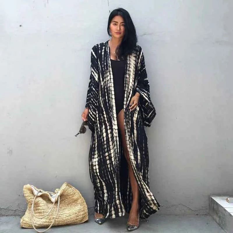 Long Kimono Swimsuit Cover up for Women Stylish Tie Dye Open Front Beach Outfits Bathing Suit
