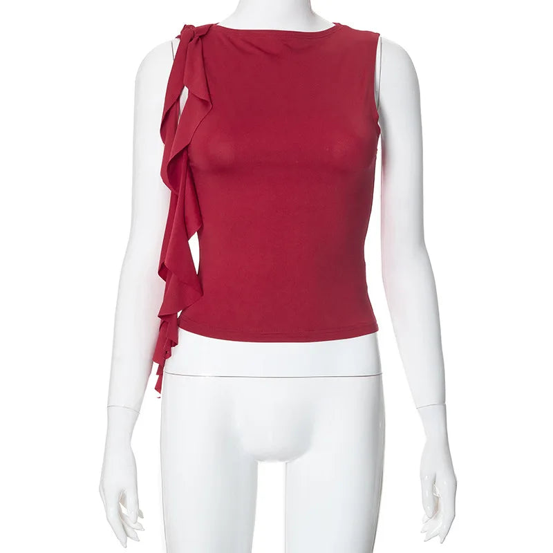 Summer Women'S Solid Color Vest Fluttering Tassel Sleeveless Slim Pullover Round Neck T-Shirt Casual Street Wear Y2K