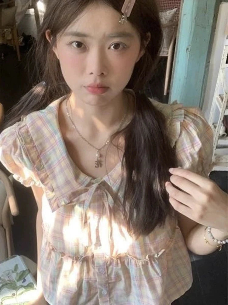 Preppy Style Sweet Plaid Shirt Women Summer Cute Peter Pan Collar Cropped Blouse Kawaii Casual Lace Up Lady Tops New