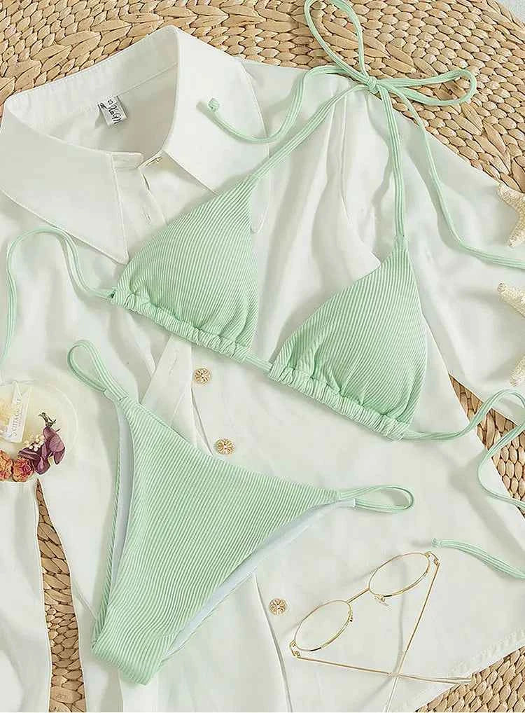 2025 Special Pit Stripe Fabric Bikini Set Women Sexy Simple Solid Halter Bikini Swimsuit High Waisted Lace Up Beach Bathing Suit