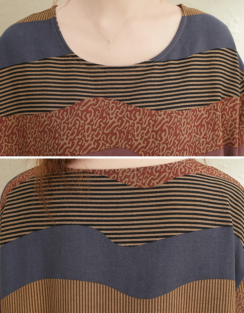 2026 New Summer Cotton Linen Short Sleeve Vintage Striped Print Dresses For Women Long Fashion Dress Elegant Vestidos Robe Femme