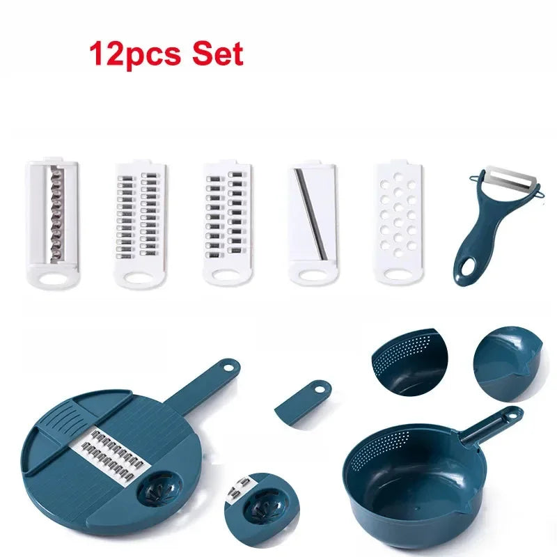 9 in 1 Multi-functional Vegetable Chopper Carrots Potatoes Manually Cut Shred Slicer Radish Grater with Container Kitchen Tools