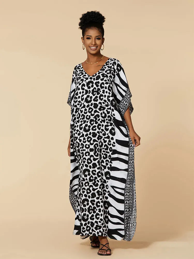 EDOLYNSA 2023 Bohemian Printed Loose Kaftan Casual Summer Vacation Maxi Dress Women Clothing Beach Wear Swim Suit Cover Up Q1469