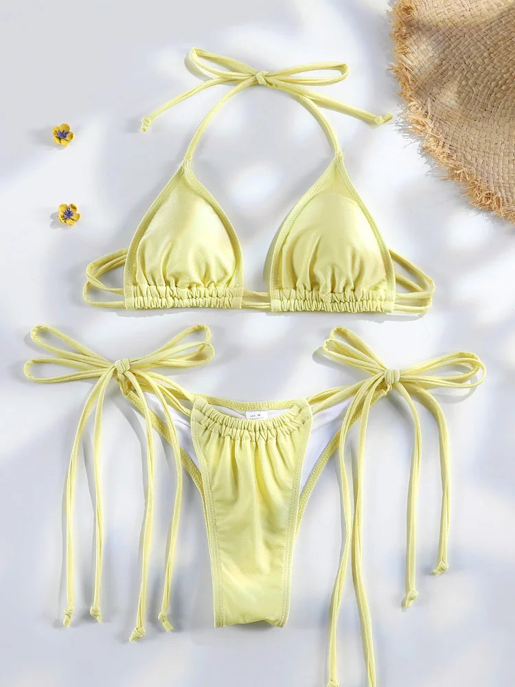 Sexy Bikinis Micro Thongs Swimsuit Women Bathing Suit Rings Biquini Bandage Beachwear Print Swimwear Sexy Bikini Sets With Chain