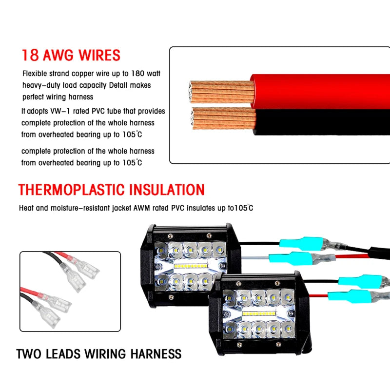 LED Light Bar Wiring Harness Kit 2 Leads Wireless Remote Control Wiring Harness Kit 18AWG Core Cable Wiring Harness Kit for Car