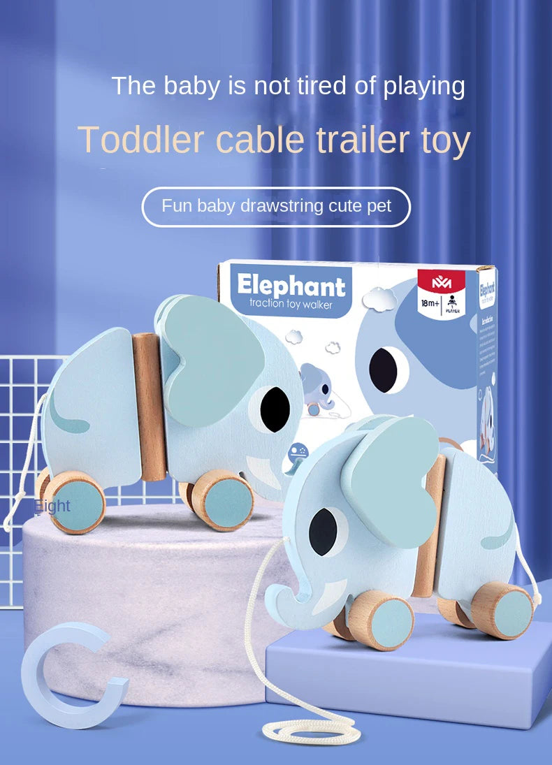 Wooden Children's Elephant Pulling Rope Cart, Towing Toys, Baby Boy and Baby Girl Toddler, Children's Gifts, Early Education Toy