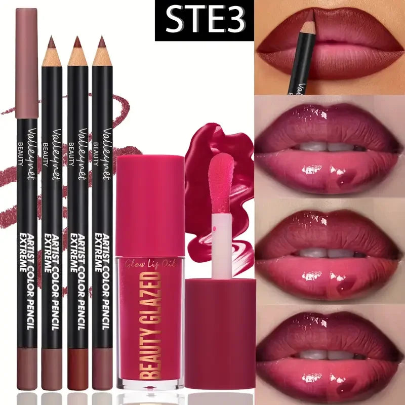 4pcs Lip Kit Set-3pcs Lip Liner+1pc Lip Glaze, Waterproof&Long-Lasting Matte Effect,Versatile for Casual & Formal Occasions,